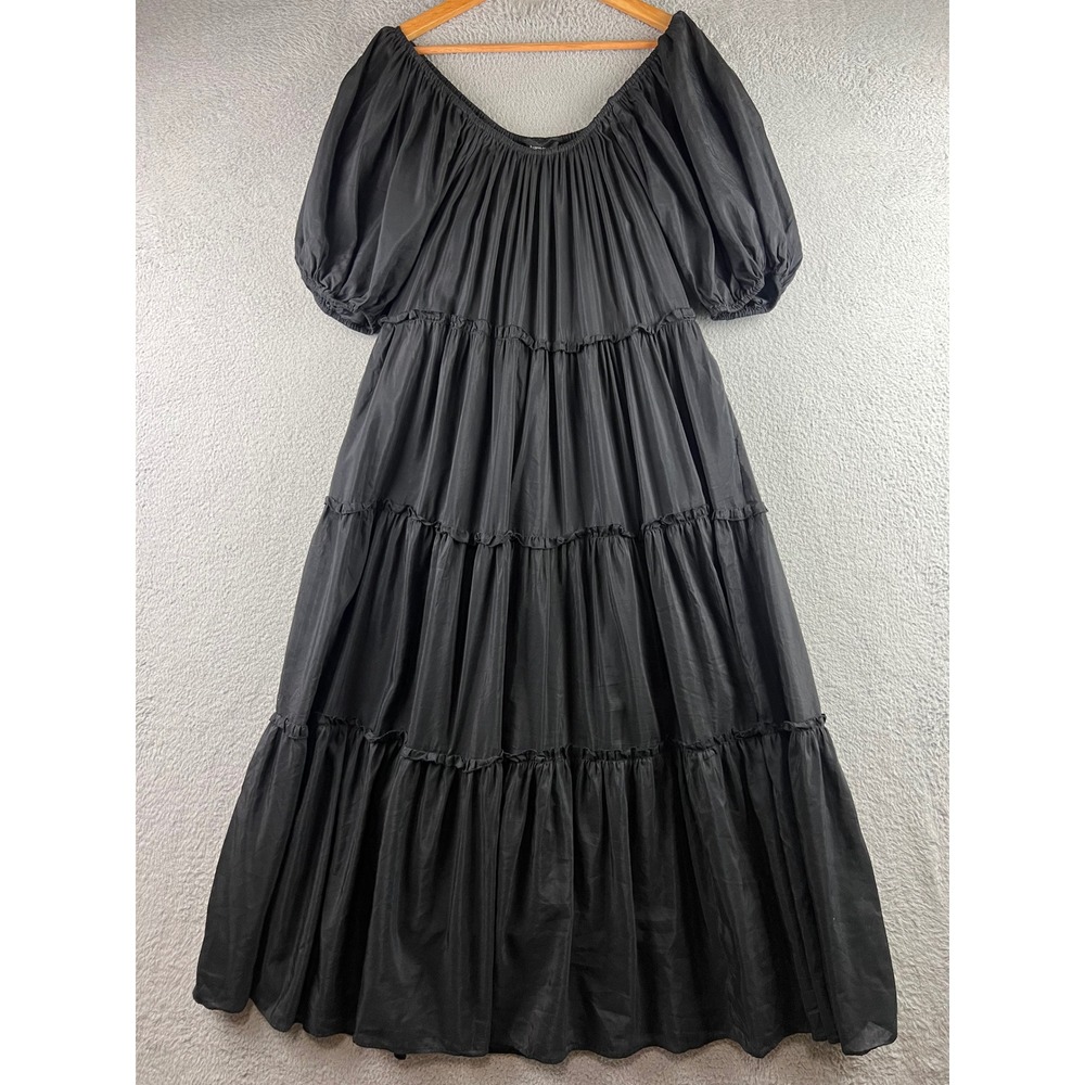 Karen Kane Black Tiered Maxi Dress Puff Sleeve Ruffle Scoop Neck Pockets Womens